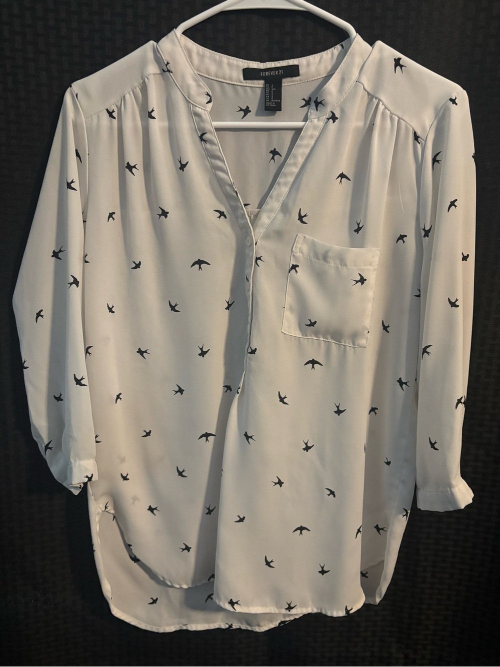 Forever 21 White Bird-Print Button Top Blouse